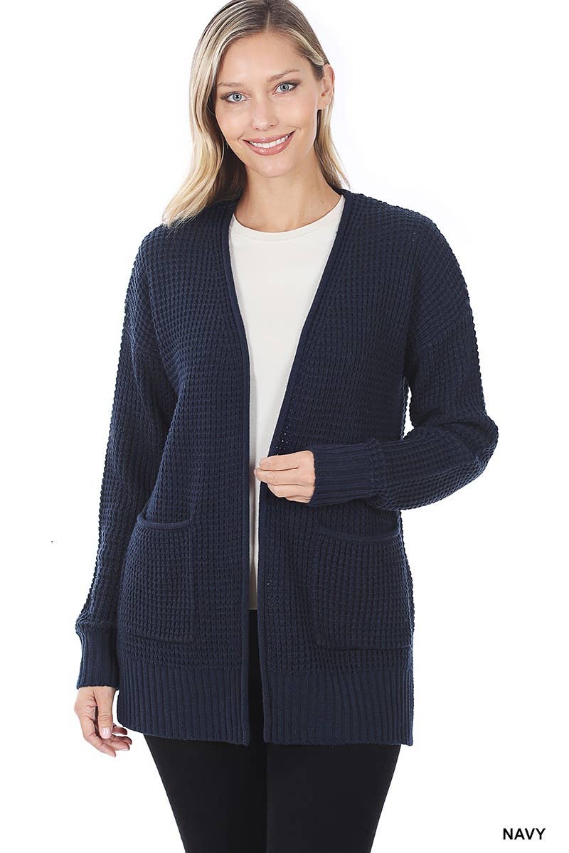 Navy Waffle Knit Open Cardigan Sweater