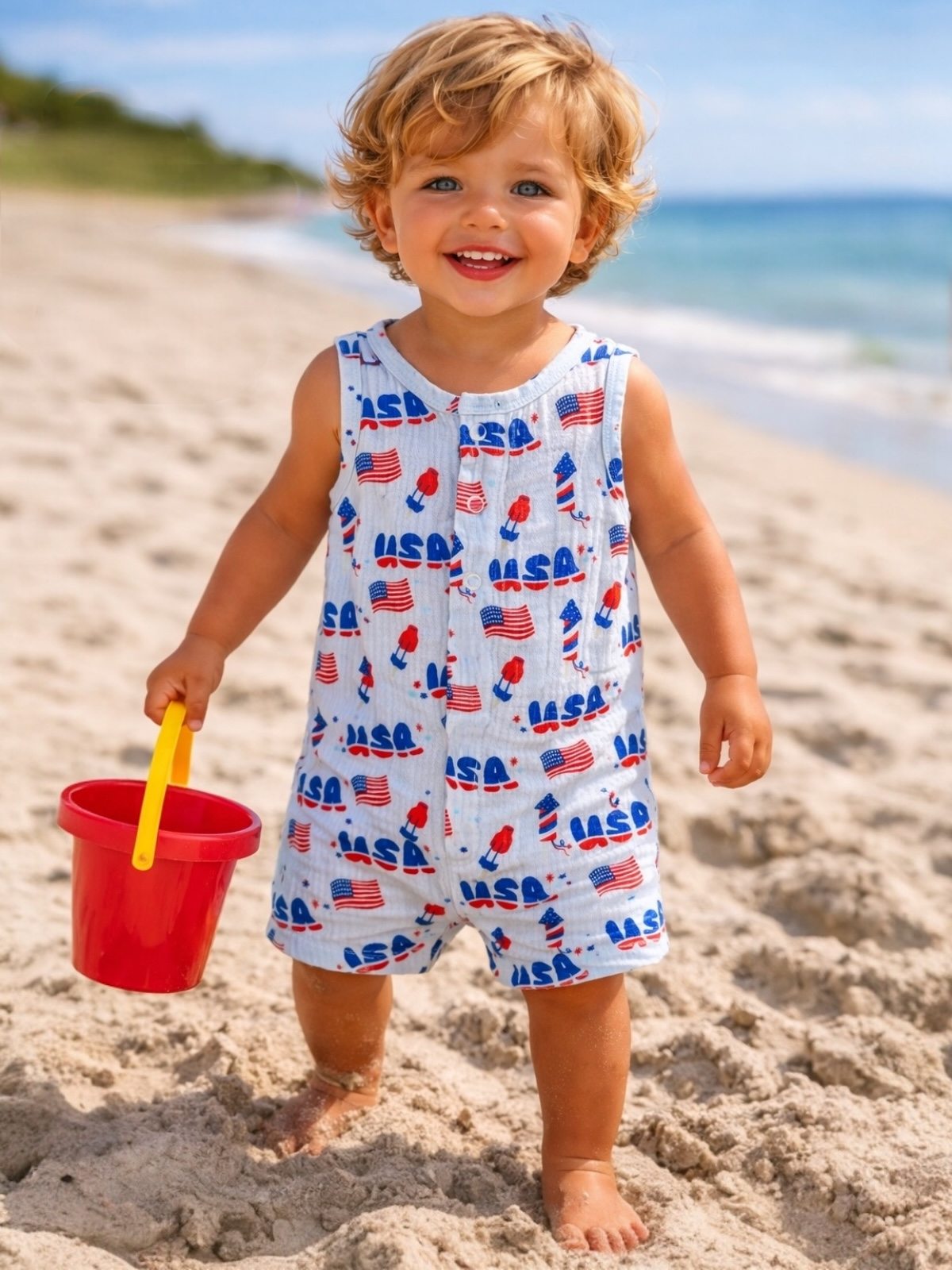 Muslin Shortie Romper, 4th of July Blue