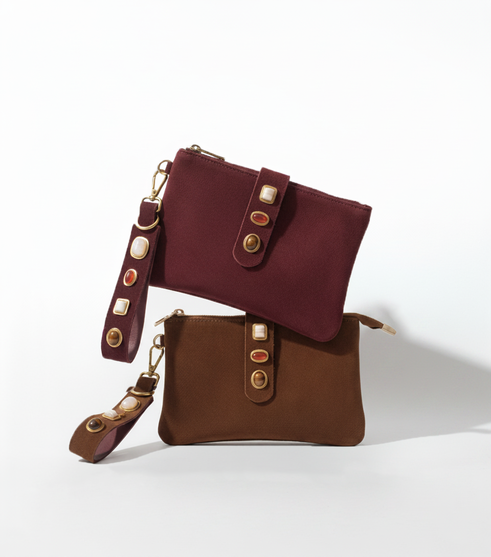 Gemstone Suede Wristlet Pouch & Keychain