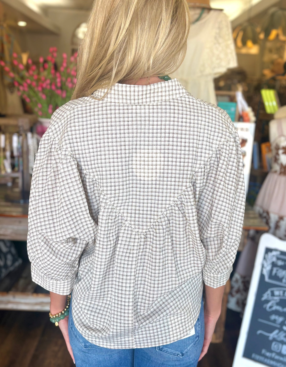 Micro Plaid Dolman Button Up Top