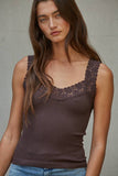 Seamless Ribbed Tank Top with Lace Trim