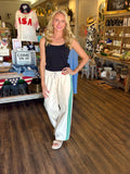 Green Striped Wide-Leg Drawstring Track Pants