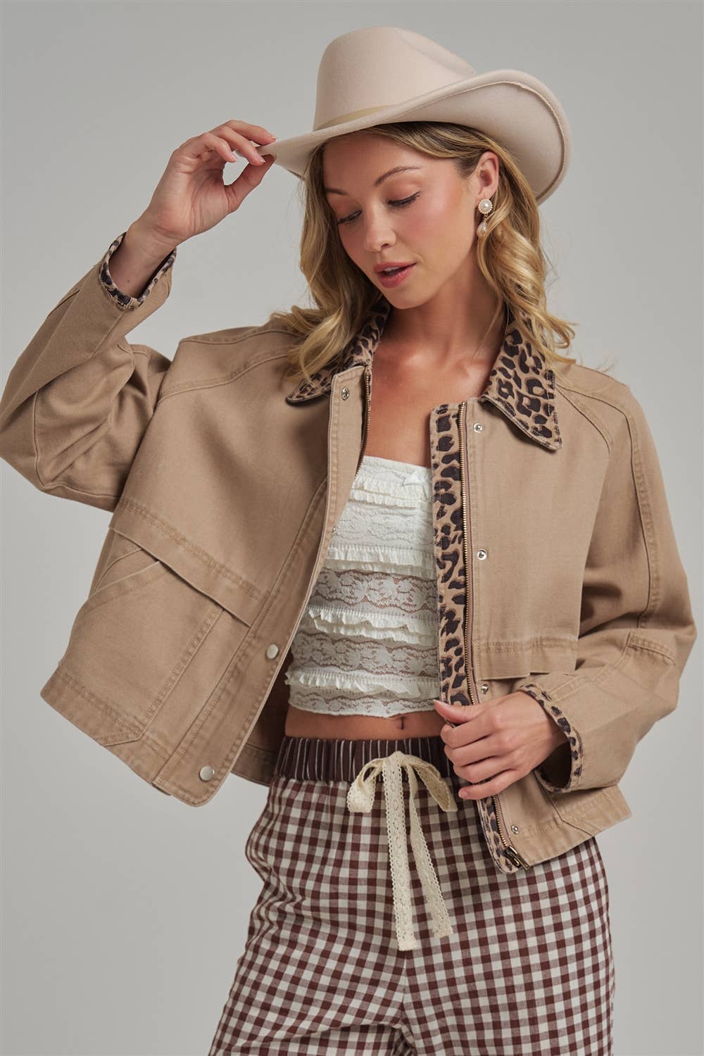 Twill Barn Coat with Leopard Detail