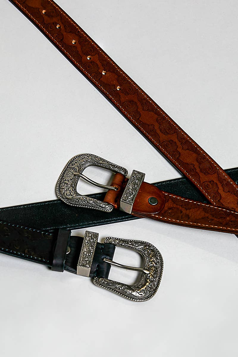 Western-Inspired Floral Embossed Genuine Leather Belt