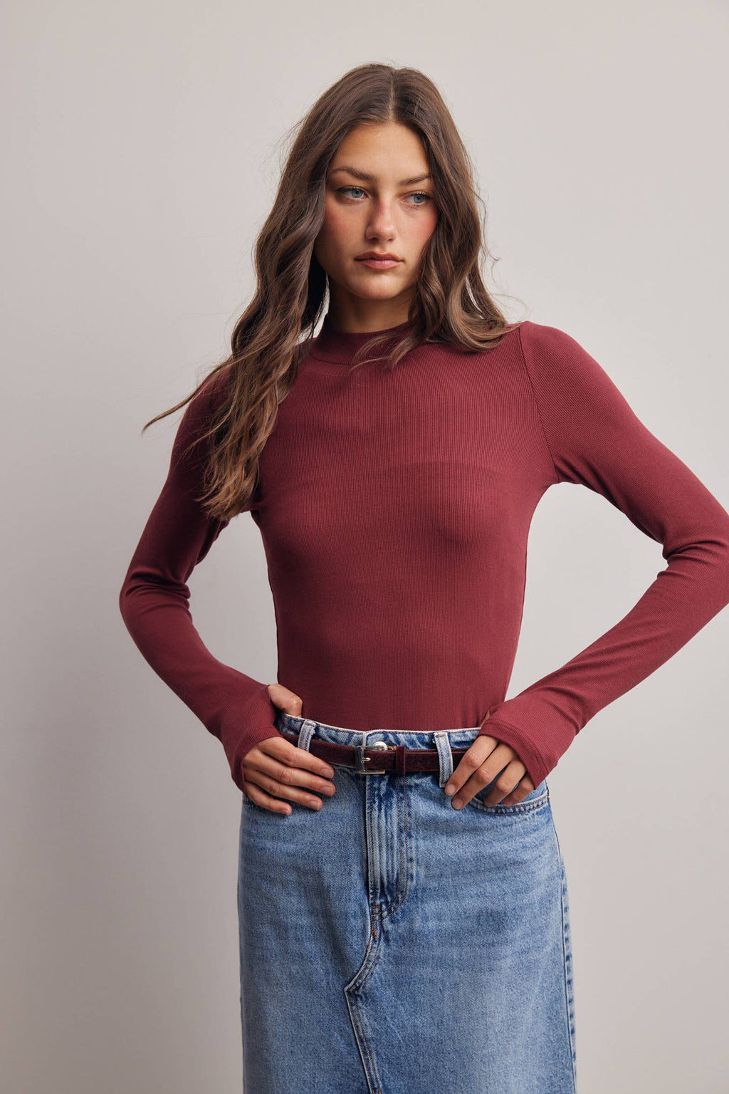 Stretch Ribbed Mock Neck Top