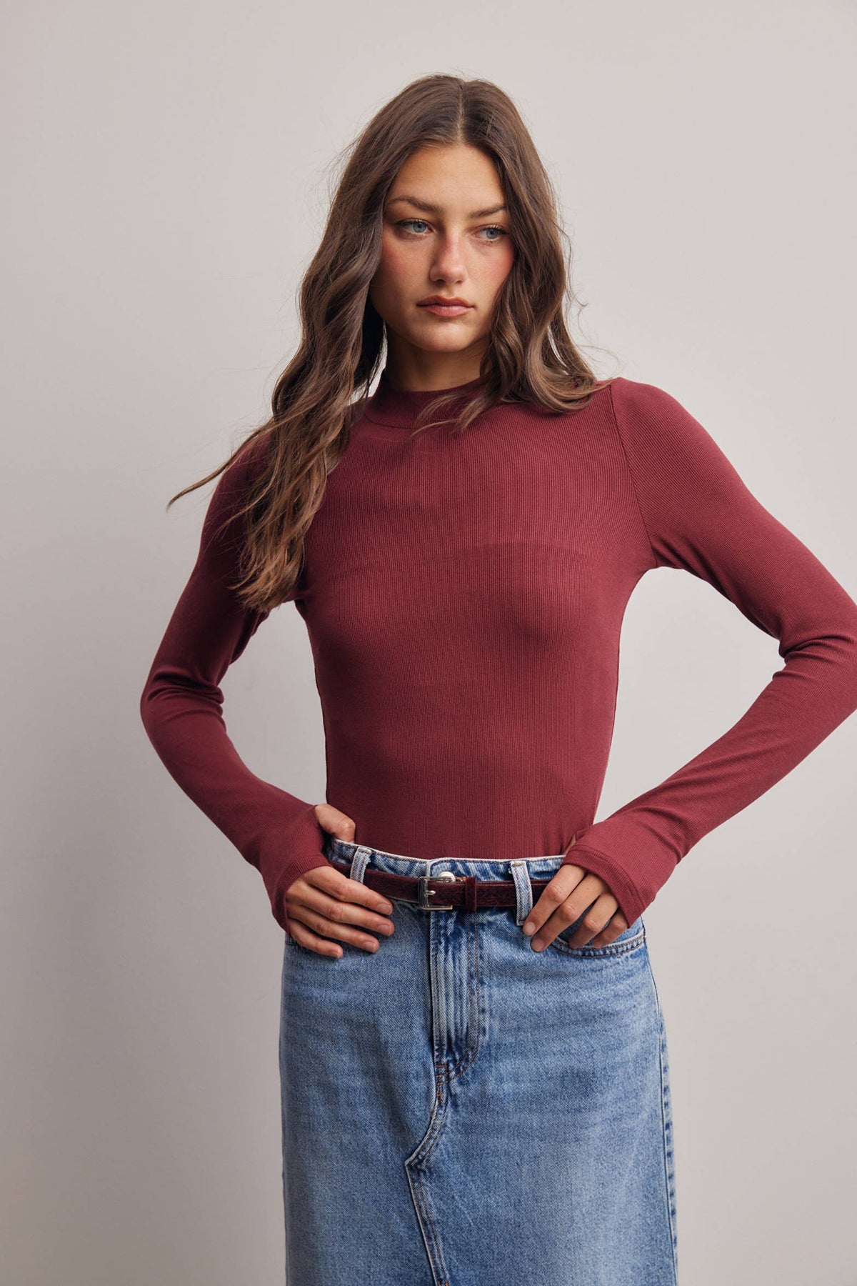 Stretch Ribbed Mock Neck Top