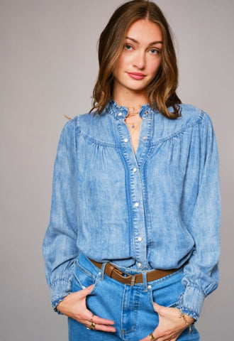 Ruffle Neck Denim Shirt