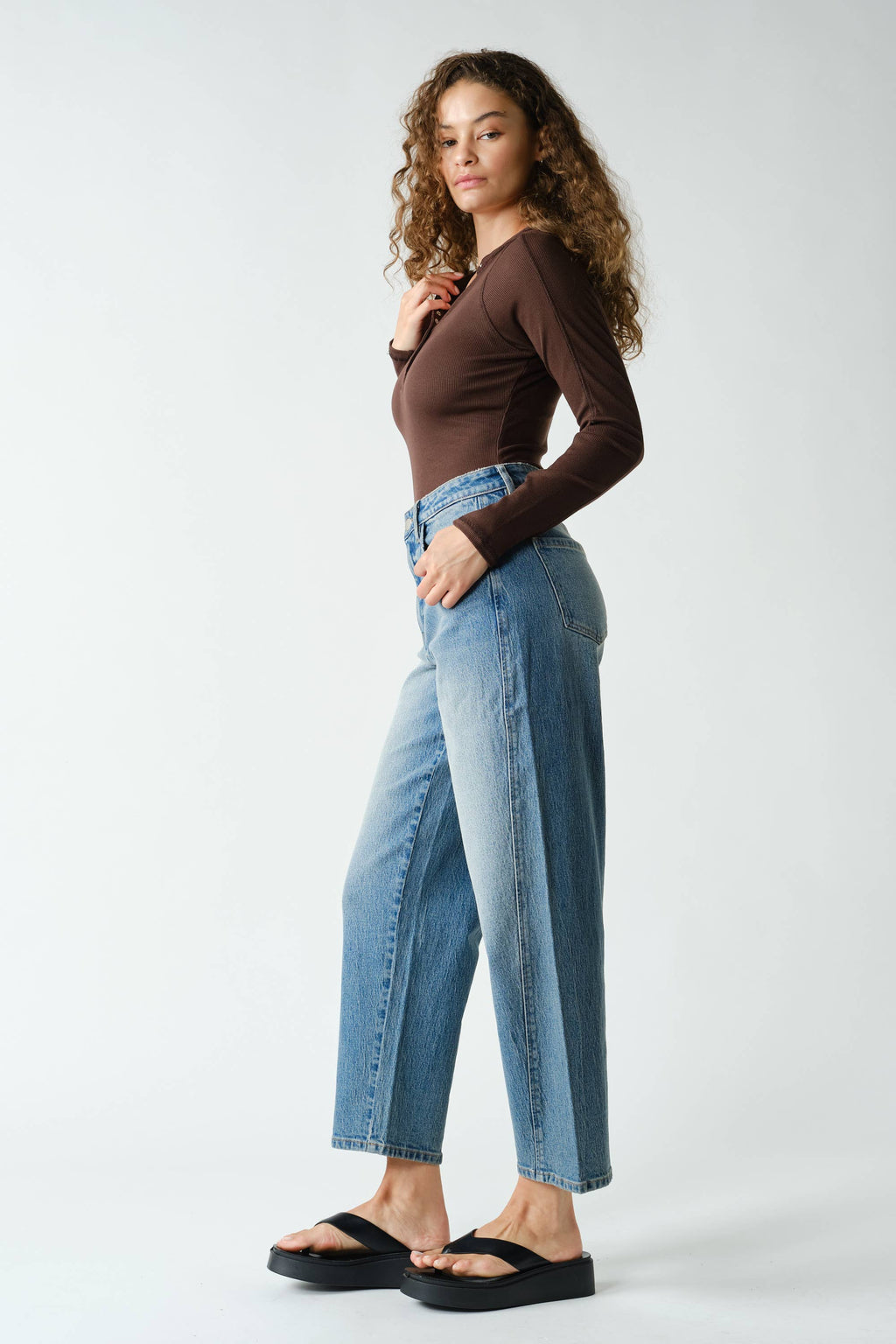 Mono B Long-Sleeved Micro-Ribbed Henley Top