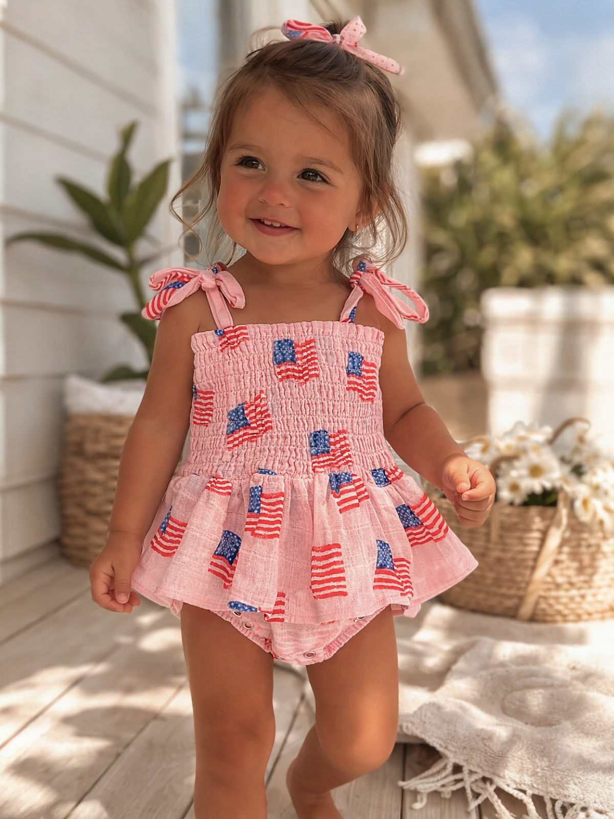 Muslin Smocked Bubble w/ Skirt, American Flag Pink
