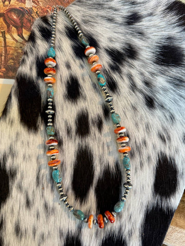 Orange Spiney, Turquoise & Sterling Pearls