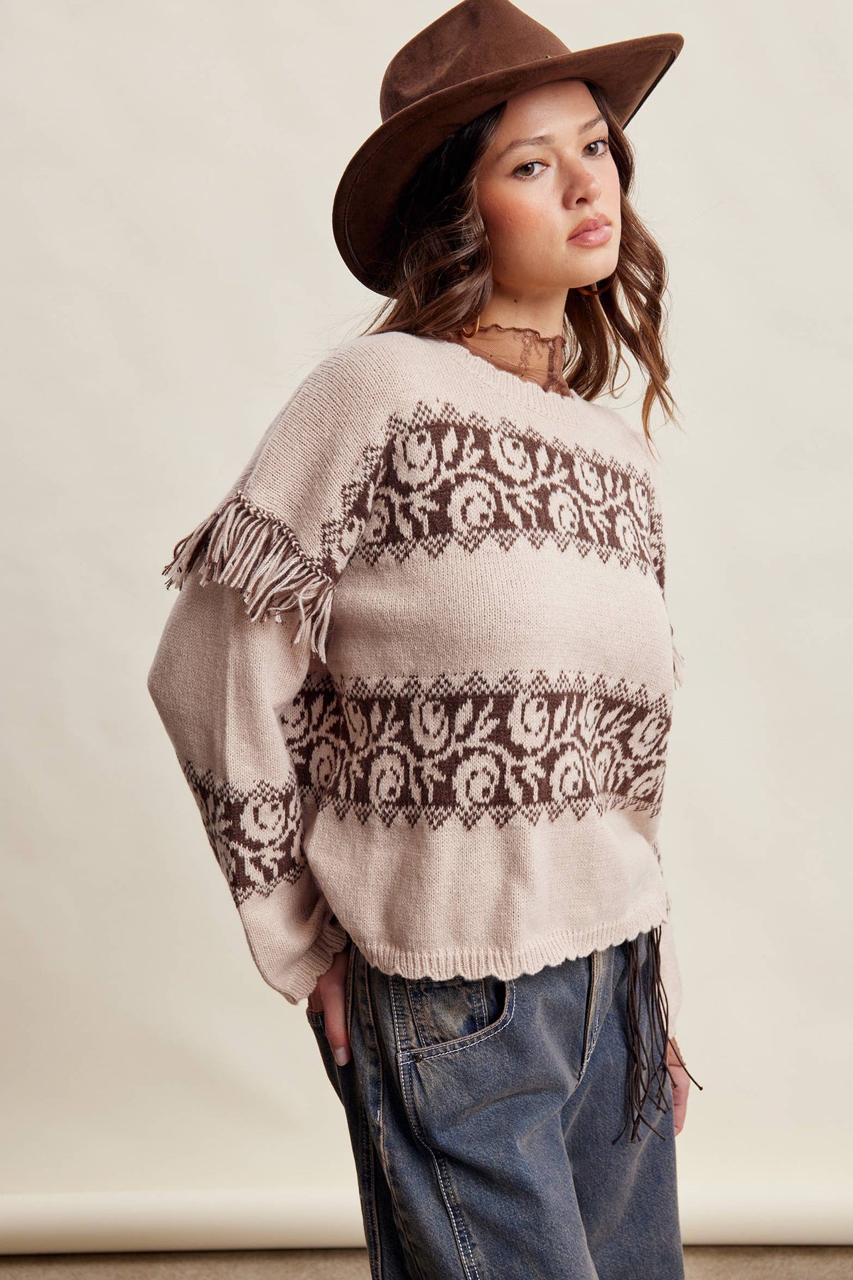 Western Fringe Pattern Knit Sweater