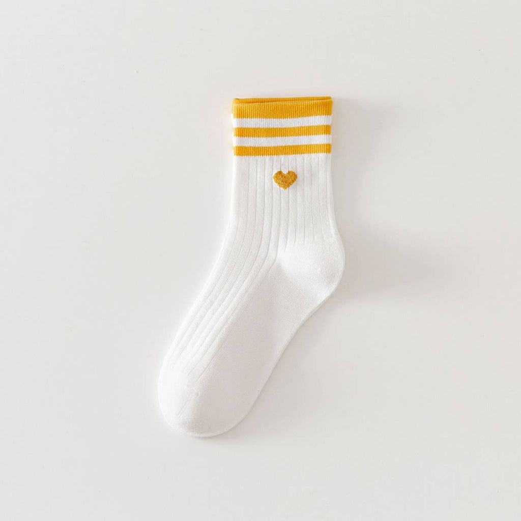 College Style Heart, Two Stripes Print Crew Socks