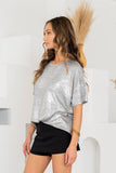 Relaxed Short Sleeve Foil Print Shimmer Top