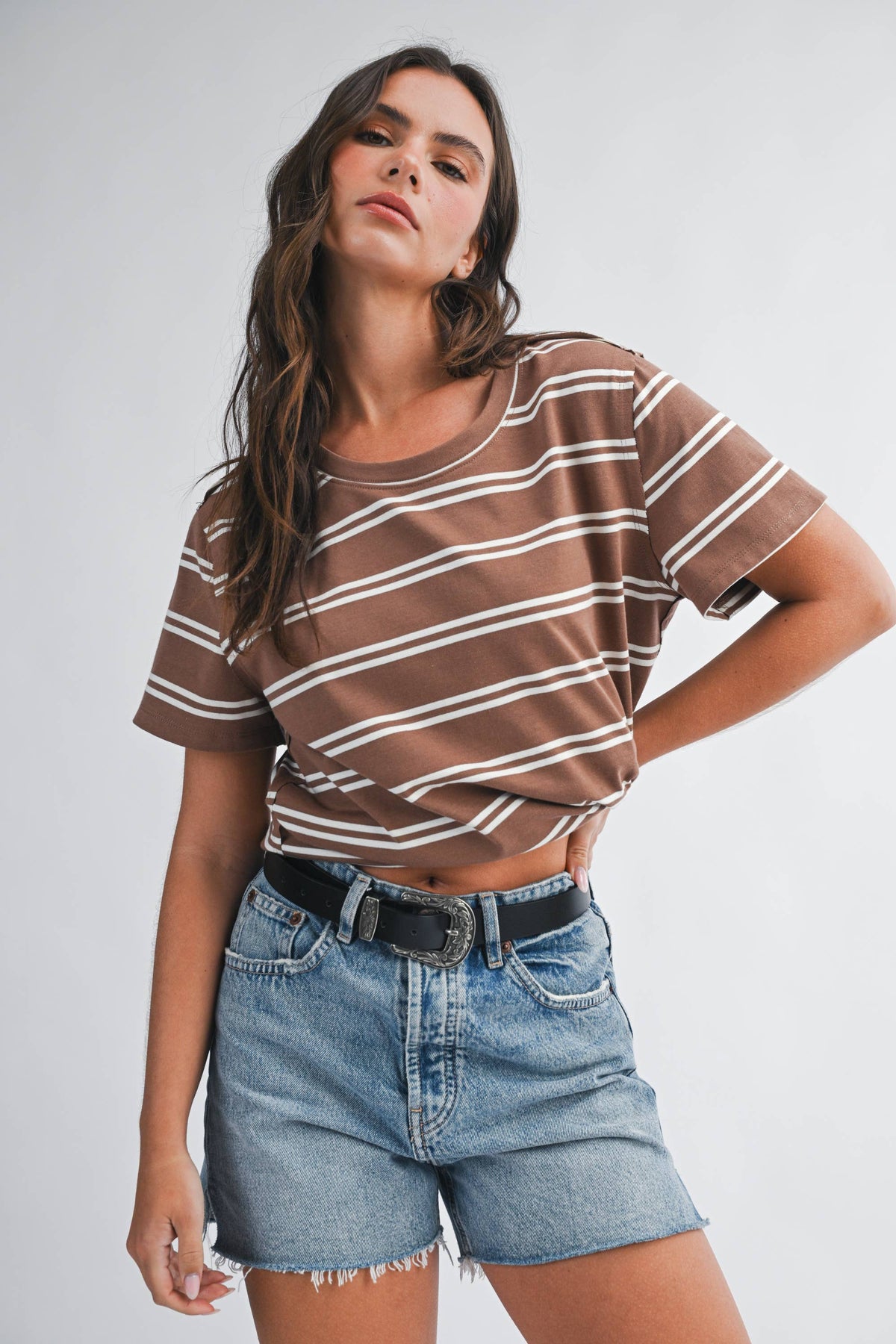 Brown Striped Boxy Short Sleeve Tee