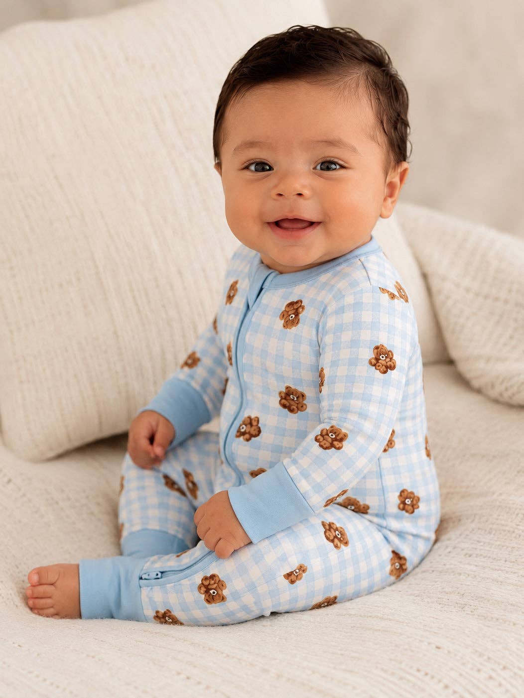 2-Way Zip Romper, Blue Teddy Picnic