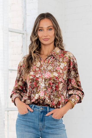 Relaxed Fit Floral Print Button Down Velvet Blouse