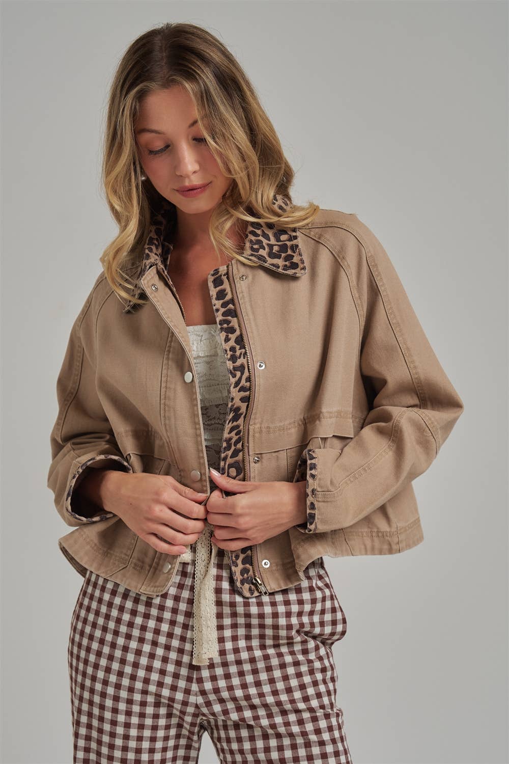 Twill Barn Coat with Leopard Detail