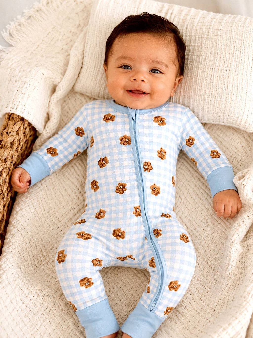 2-Way Zip Romper, Blue Teddy Picnic