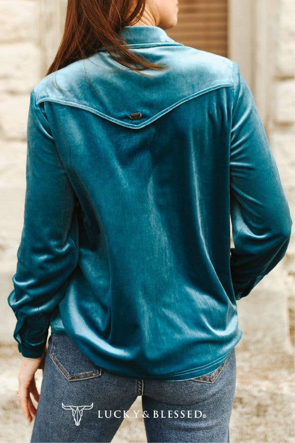 Teal Blue Velvet Western Yoke Pipping Bias Shirt
