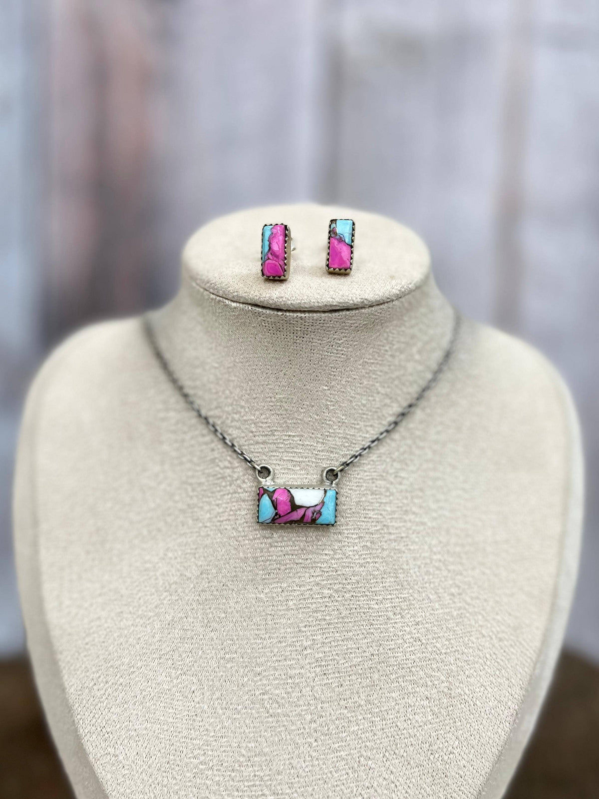 Handmade Sterling Silver Cotton Candy Turquoise Necklace Earrings Set with Signed Nizhoni