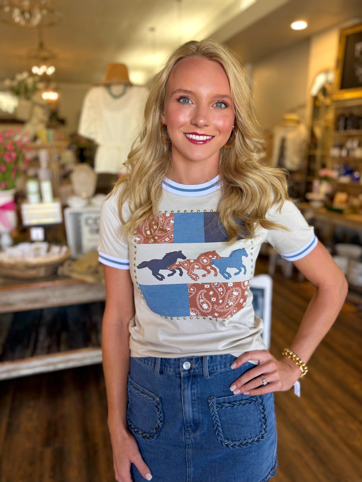 Beige Running Horse Printed Contrast Hem Top