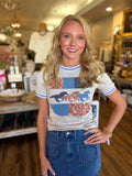 Beige Running Horse Printed Contrast Hem Top