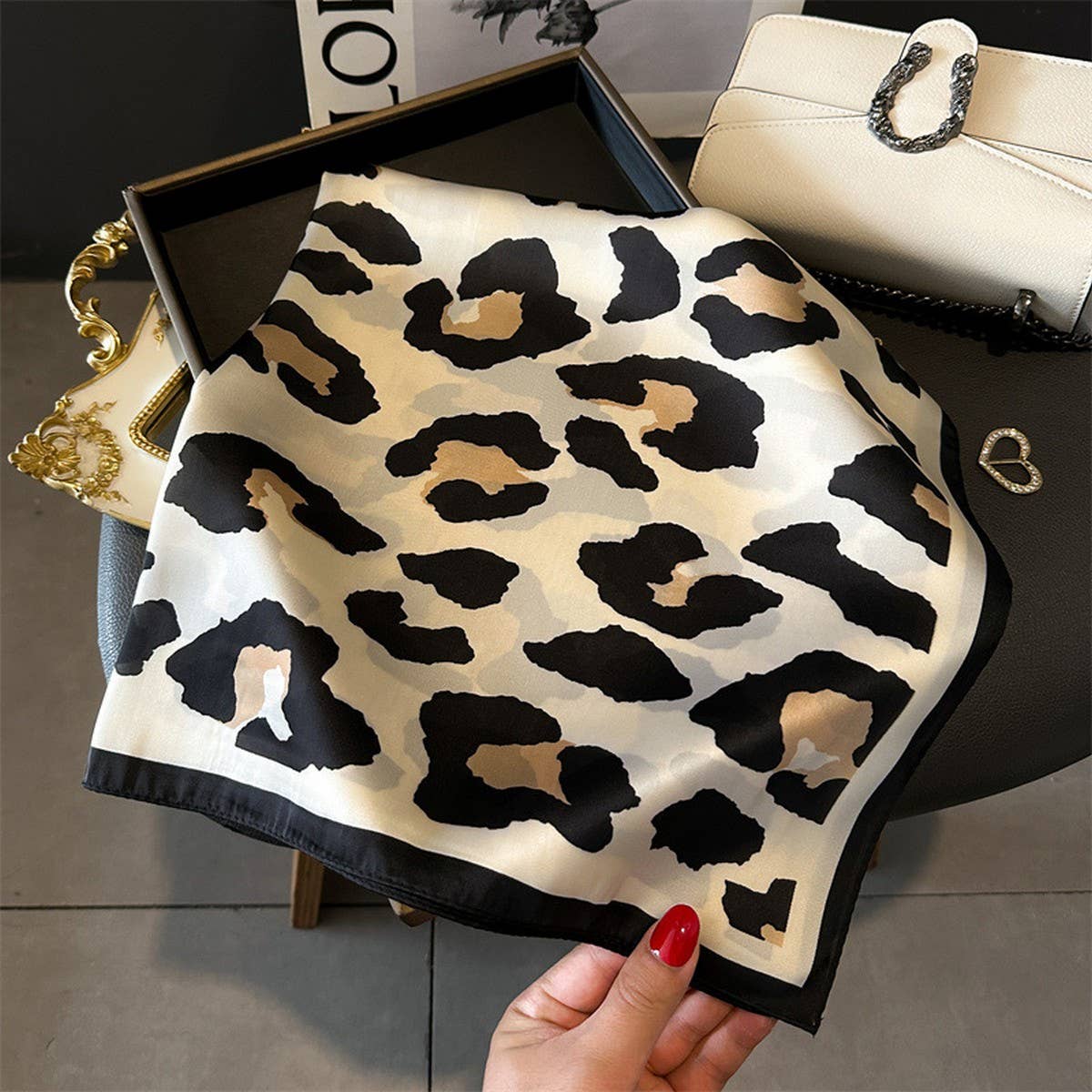 Leopard Print Satin Square Scarf, Hair Wrap