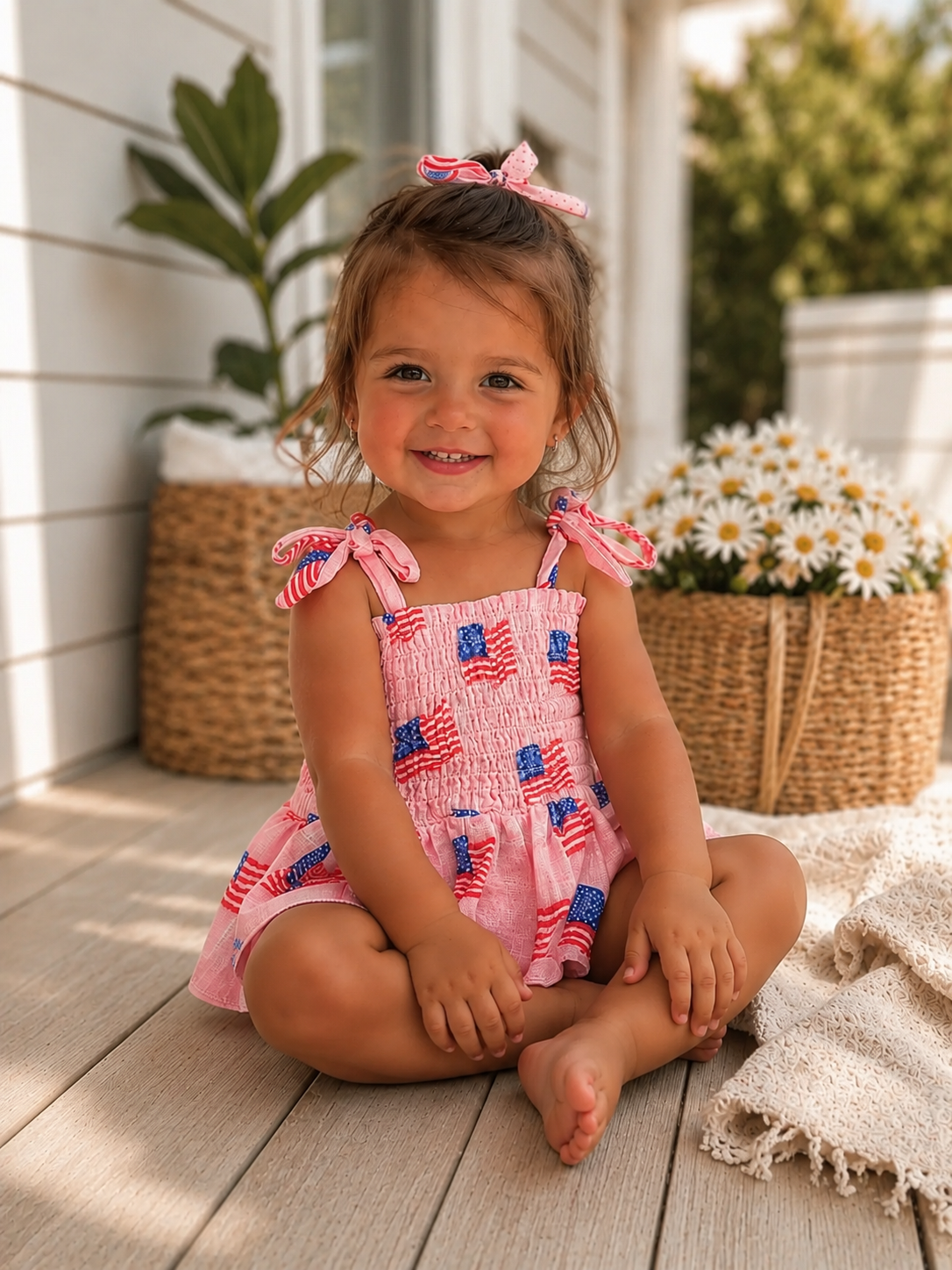 Muslin Smocked Bubble w/ Skirt, American Flag Pink