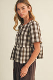 Keyhole Tie-Neck Gingham Peplum Blouse