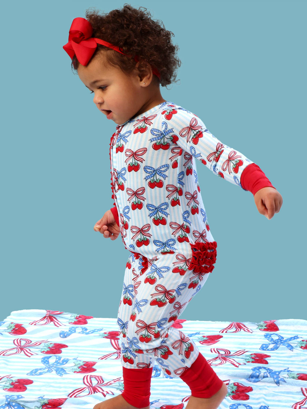 SoftSnooze™ Baby Girls Bamboo Viscose Berries & Bows Convertible Ruffle One Piece Footie Pajama