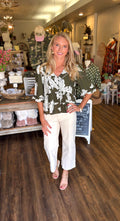 Green Floral Ruffle Top