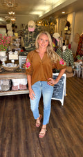 Embroidered Sleeve Corduroy Top
