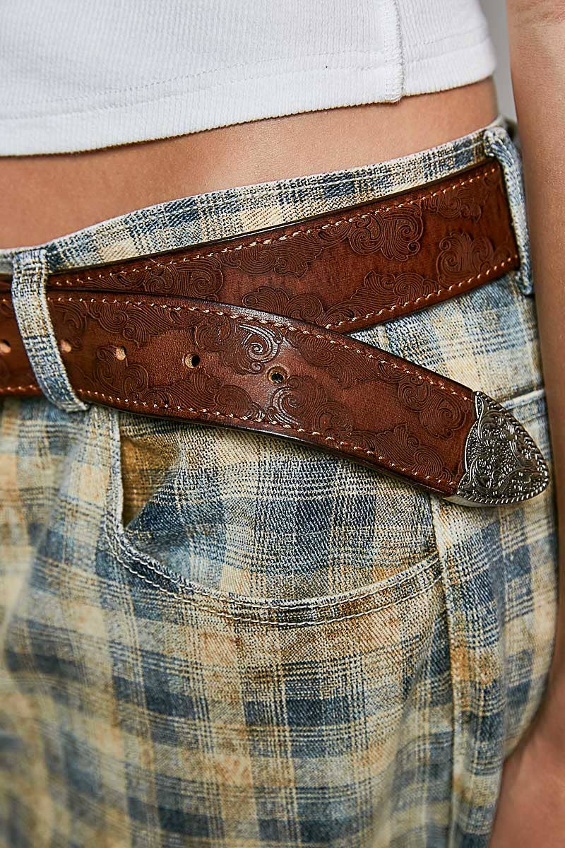 Western-Inspired Floral Embossed Genuine Leather Belt