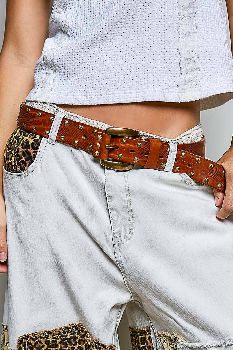 Allover Antique Brass-Tone Studded Genuine Leather Belt