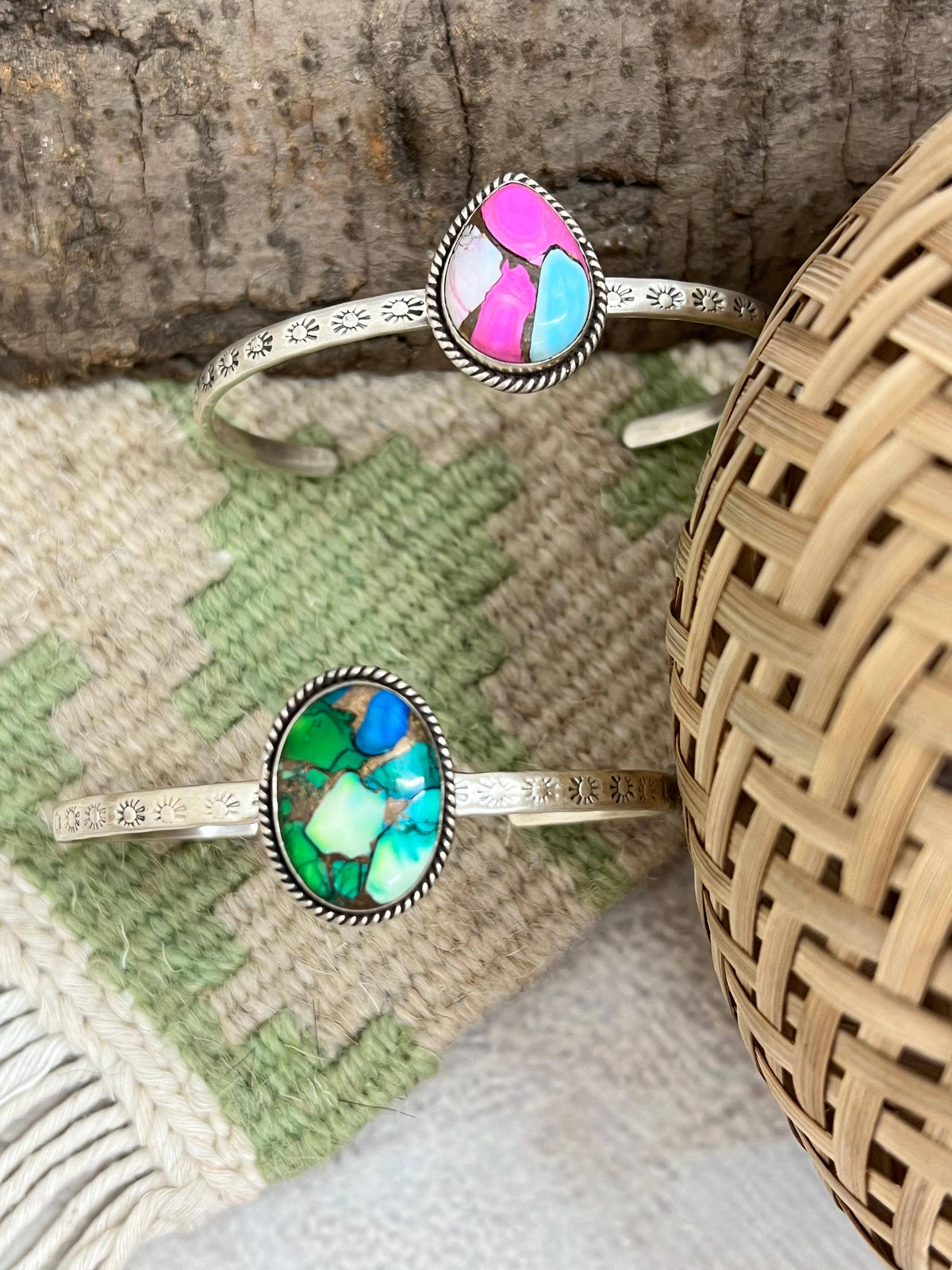 Handmade Sterling Silver Peacock Dahlia, Cotton Candy Turquoise Cuff Bracelet