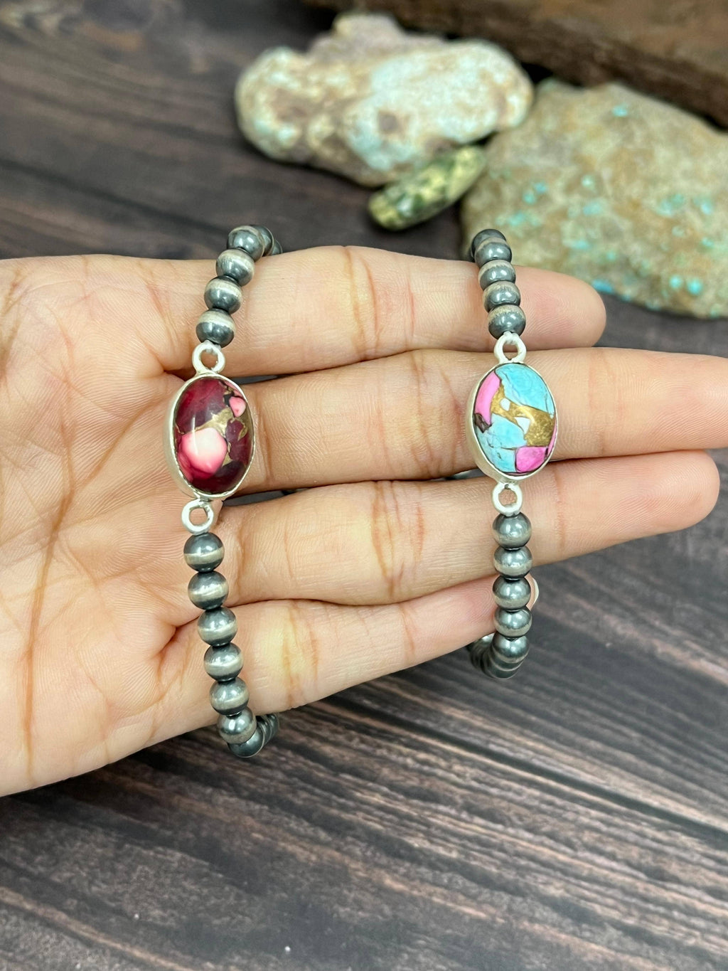 Handmade Sterling Silver Cotton Candy, Dahlia Rose Beaded Bracelet with Signed Nizhoni