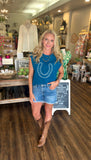 Light Blue Horse Shoe Embroidered Loose Short Sleeve Sweater