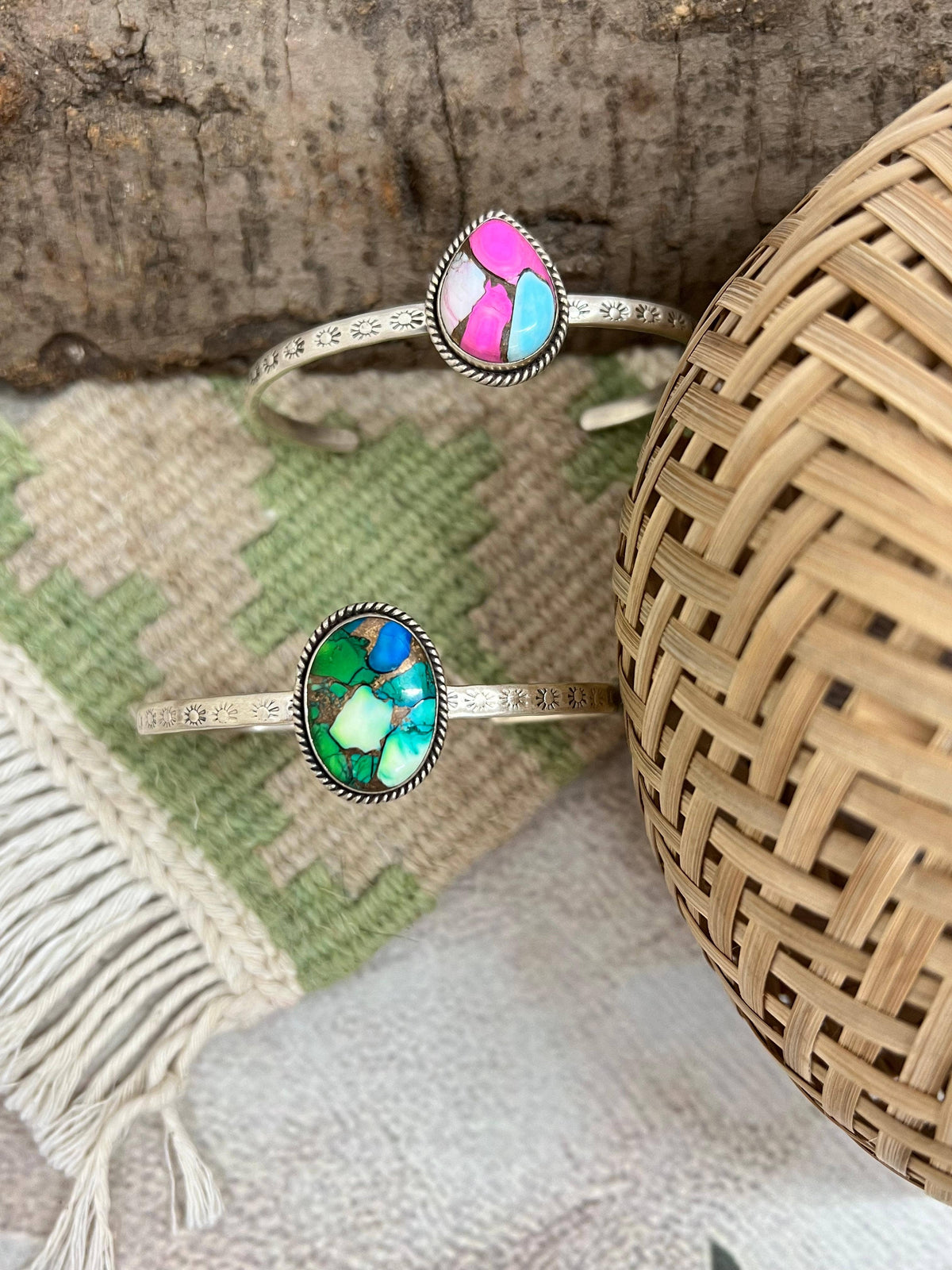Handmade Sterling Silver Peacock Dahlia, Cotton Candy Turquoise Cuff Bracelet
