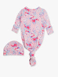 SoftSnooze™ Baby Girls Bamboo Viscose Pretty in Pink Floral Ruffle Knotted Sleep Gown & Bow Hat Set