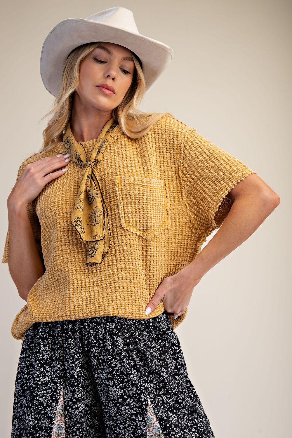 Washed Waffle Knit Pocket Top