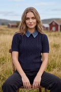 Short Sleeve Sweater with Denim Collar
