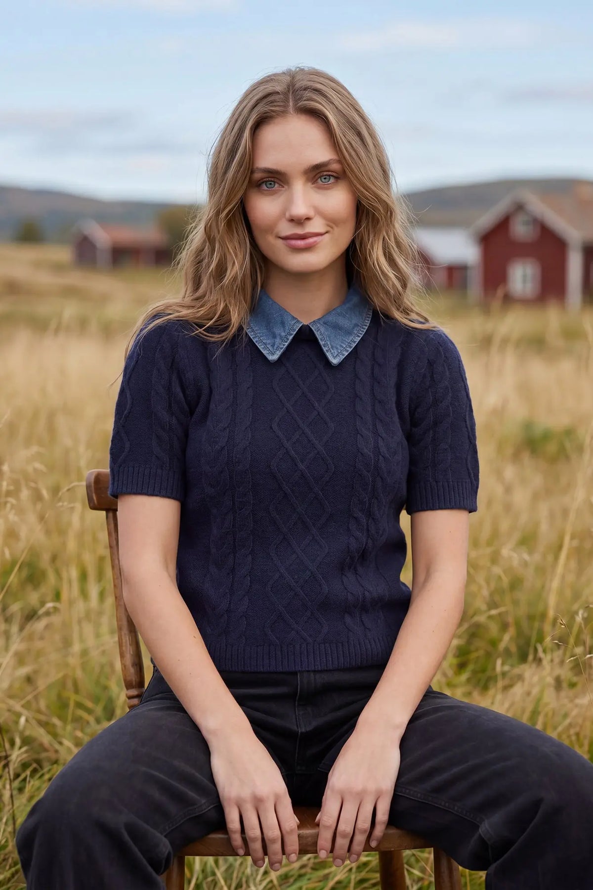 Short Sleeve Sweater with Denim Collar