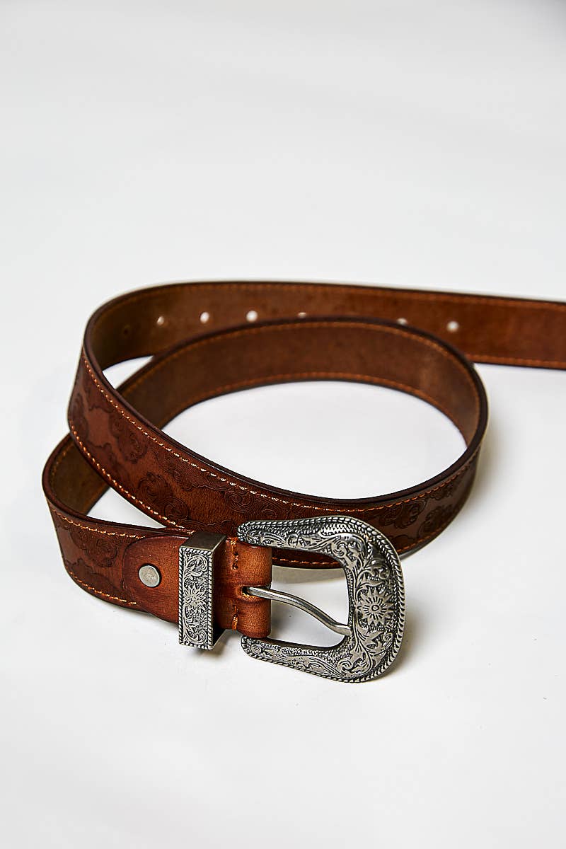 Western-Inspired Floral Embossed Genuine Leather Belt