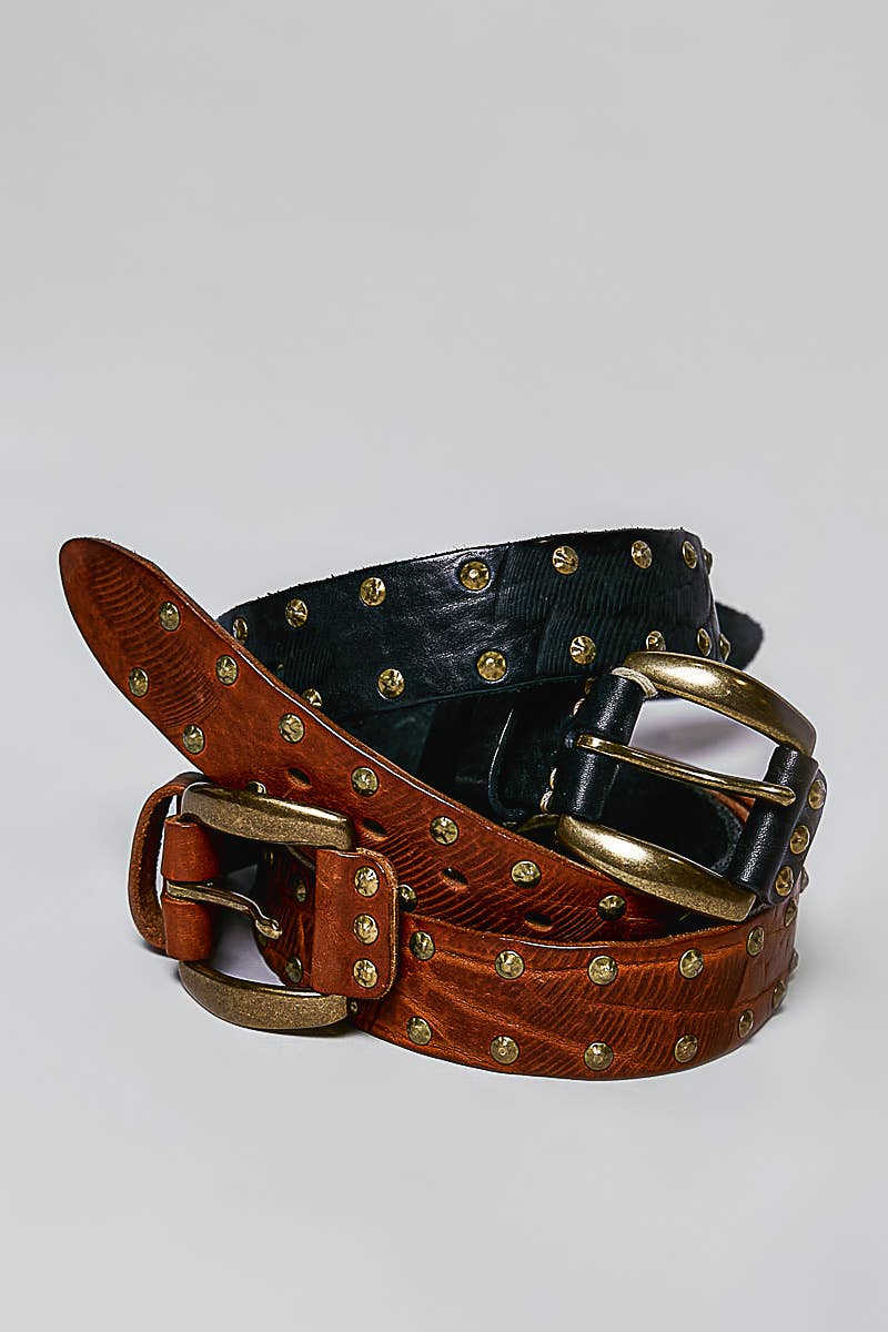 Allover Antique Brass-Tone Studded Genuine Leather Belt