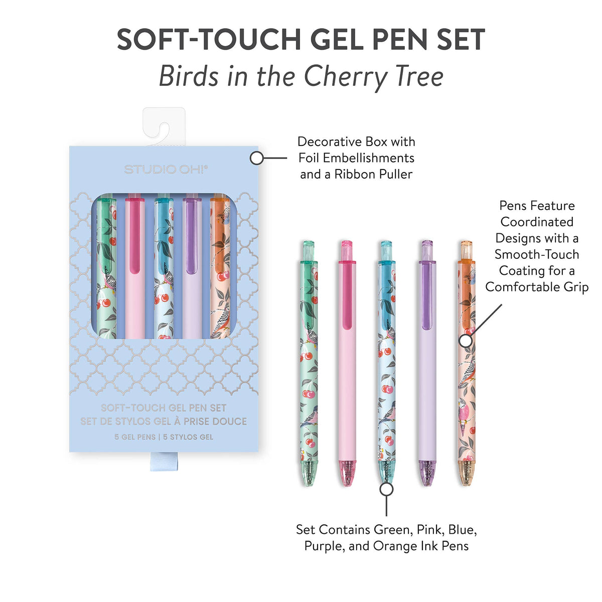 Birds in the Cherry Tree Soft-Touch Gel Pen Set