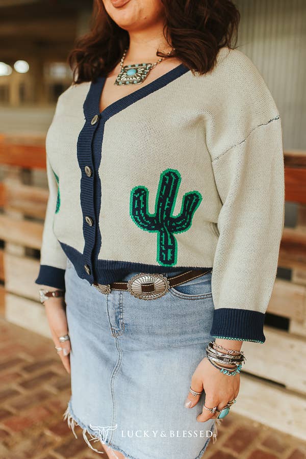 White Knit Cactus Contrast Button Down Sweater Cardigan