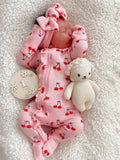 Organic Waffle 2-Way Zip Ruffle Footie, Pink Cherries