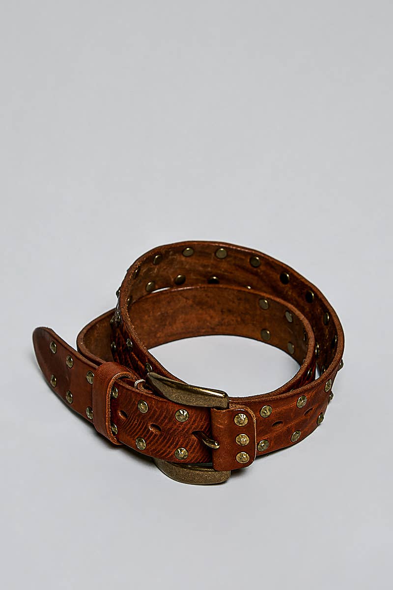 Allover Antique Brass-Tone Studded Genuine Leather Belt