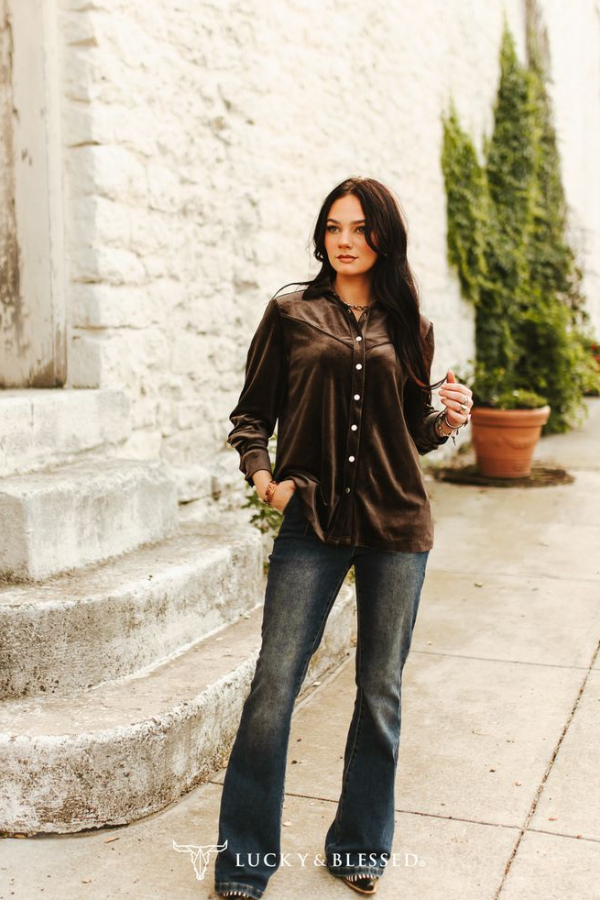 Dark Brown Velvet Western Yoke Pipping Bias Shirt