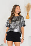Relaxed Short Sleeve Foil Print Shimmer Top